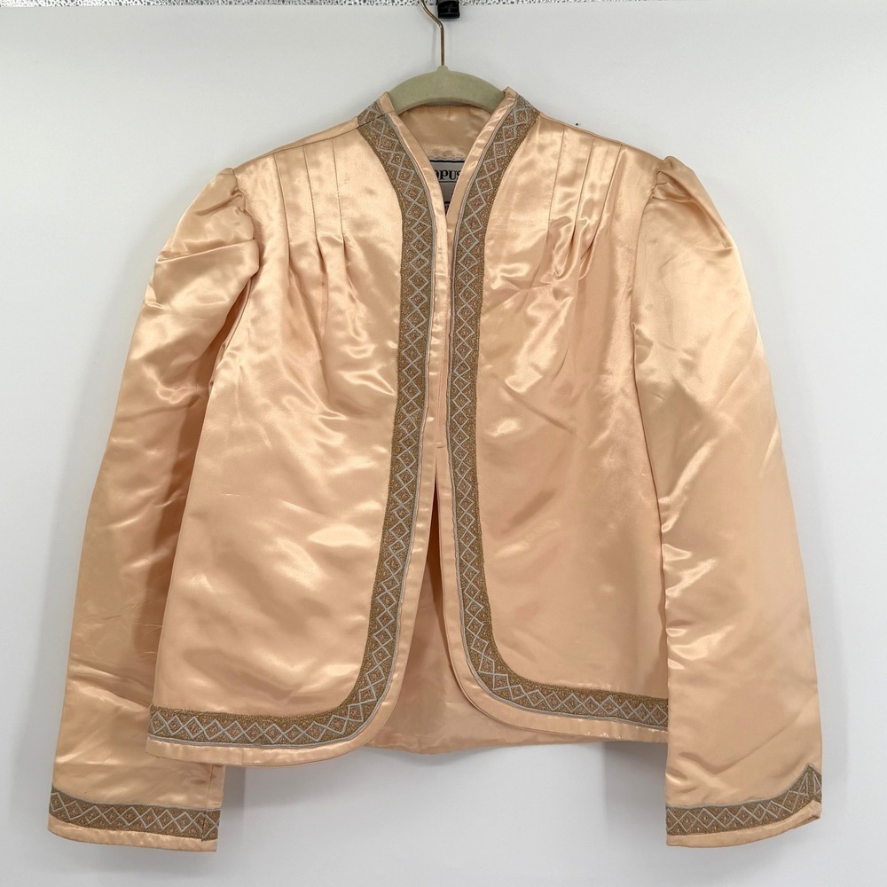 Opus 1 by Diana Vintage Peach Satin Hand Painted Embroidered Jacket One Size